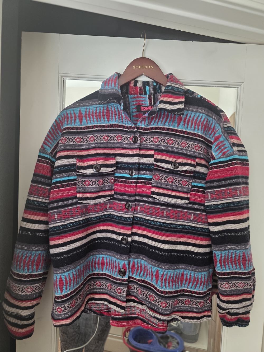 Striped Southwestern Button-Up Jacket in Turquoise & Pink